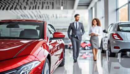 Car seller in suit walking around car salon with customer who wants to buy a car and talking about specifications of cars