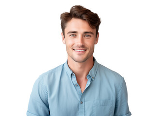 portrait of a happy young man with a friendly smile in blue shirt, pleasant, cheerful, positive expression
