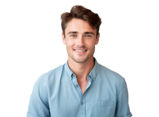 portrait of a happy young man with a friendly smile in blue shirt, pleasant, cheerful, positive expression
