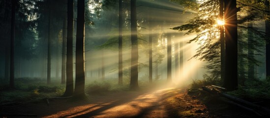 Enchanting foggy forest with sunrays and silhouettes.