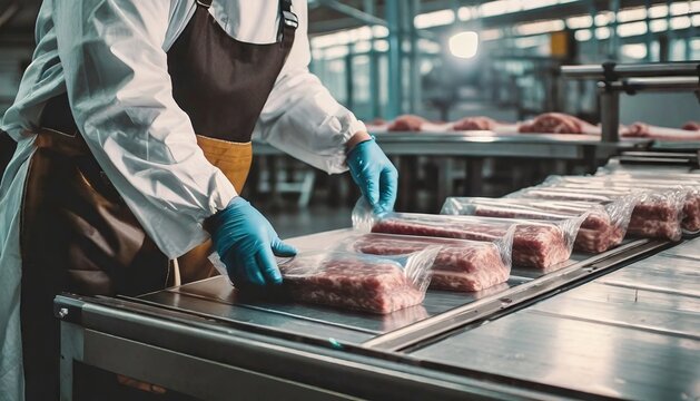 The hands of a meat factory worker pack the meat into the plastic foil on the machine