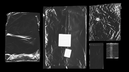 set of plastic bags with stickers on black background, texture looks blank and shiny, plastic surface is wrinkly, Y2K old, vintage realistic nylon cellophane bags with lock or zip crumpled and ripped 