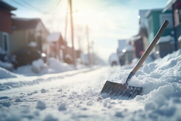 A snow shovel got stuck in a snowdrift in winter. Snowy weather in winter.
