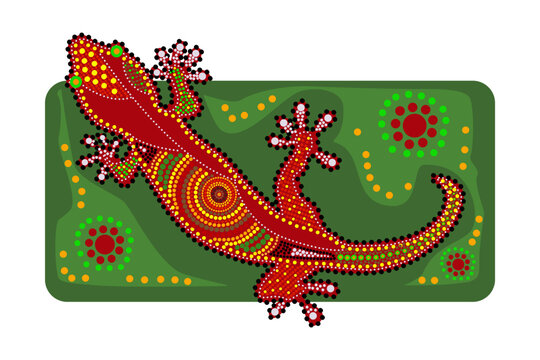 Lizard in australian aboriginal style.Australia indigenous Aboriginal lizard or salamander dots painting art style.Decorative ethnic gecko lizard. Aboriginal tribal art craft.Stock vector illustration