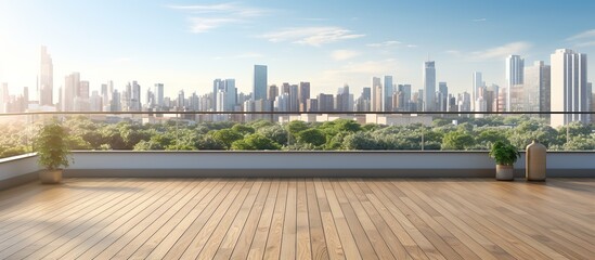 Balcony with city view daylight wooden flooring and blank wall