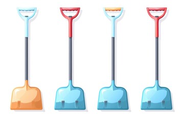 Set of snow plows, colored snow shovels. Isolated illustration on white background.