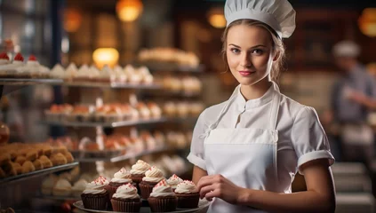 Tuinposter A young woman in a white chef's hat and apron smiling, standing in front of a bakery display in a patisserie. © volga