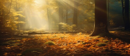 Autumn's sunny forest with fallen leaves.