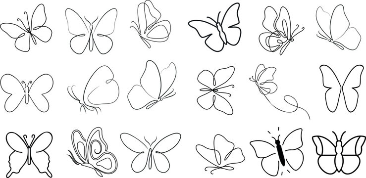 Ensemble d'illustrations vectorielles papillon, style dessin au trait, papillons dans diverses poses. Parfait pour les cr&eacute;ations printani&egrave;res et estivales, les invitations. Papillon esquisse des