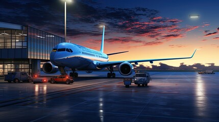 blue airplane parking in airport garage at sunset - obrazy, fototapety, plakaty