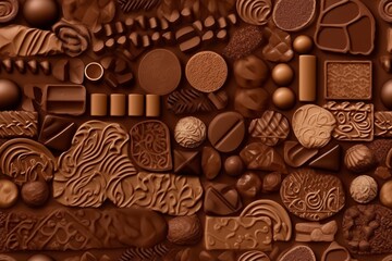 Fototapeta na wymiar Seamless pattern showcasing various types of chocolate and chocolate candies. Rich cocoa delights, truffles, pralines, and assorted chocolates create a sweet and tempting design.