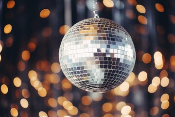 a macro close-up photo of a silver disco ball in the club or concert hall party venue, bokeh fairy...