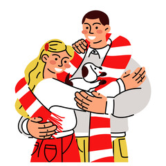 A bright couple hugs after giving gifts, in isolation large. Cute guy and girl, vector flat illustration of opening gifts, emotions. Receiving gifts. A surprise gift box. Christmas, New Year