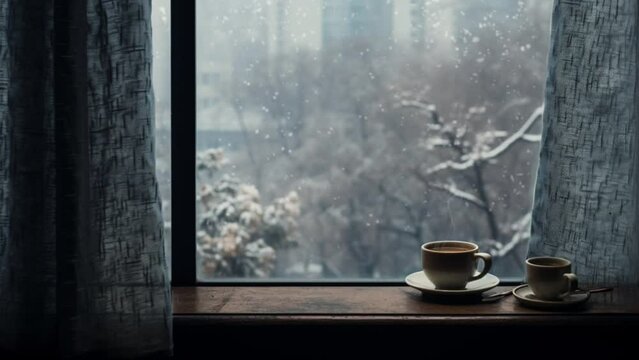A warm cup of coffee by the window with cozy winter vibes. Seamless Looping Time-Lapse Virtual Video Animation Background. Generated with AI