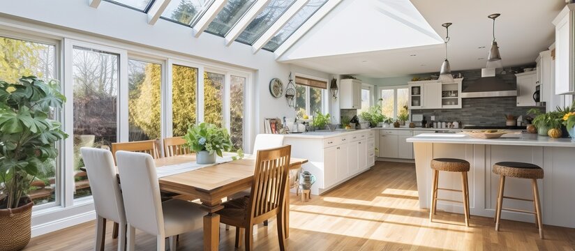 Bright kitchen with skylight wooden interior hardwood floor dining room view Northwest USA