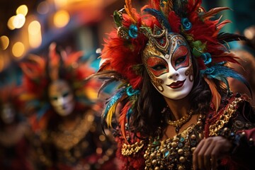 Lively Mardi Gras parade scene, colorful costumes and masks, dancers performing against backdrop of...