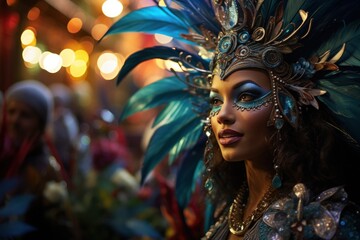 Lively Mardi Gras parade scene, colorful costumes and masks, dancers performing against backdrop of...