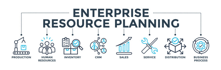 Enterprise Resource Planning concept with icon of production, human resources, inventory, crm, sales, service, distribution, business process. Banner web icon vector illustration