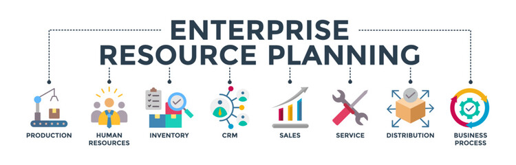 Enterprise Resource Planning concept with icon of production, human resources, inventory, crm, sales, service, distribution, business process. Banner web icon vector illustration