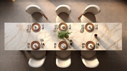 Dining room top view on marble table 3d render 3d