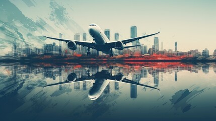 Double exposure image of airplane and modern cityscape