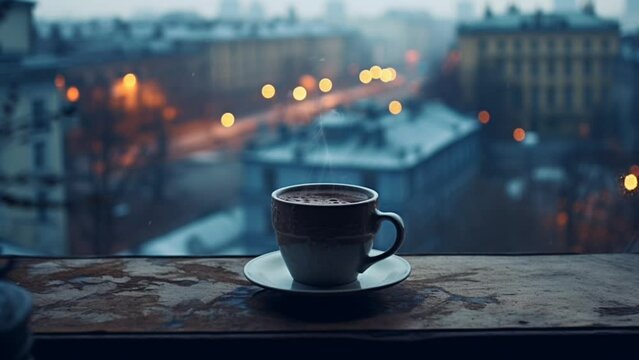 A warm cup of coffee by the window with cozy winter vibes. Seamless Looping Time-Lapse Virtual Video Animation Background. Generated with AI