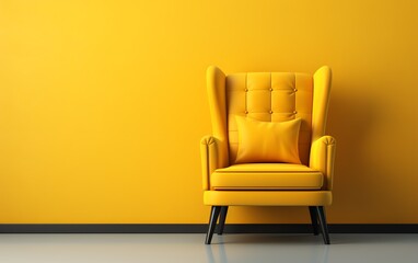 a yellow chair with a pillow - obrazy, fototapety, plakaty
