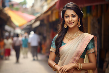 beautiful indian girl in saree and jewelry smiling, street background - obrazy, fototapety, plakaty