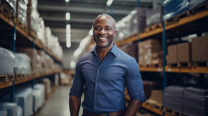 A middle aged business owner smiles in a large warehouse. Increased business growth