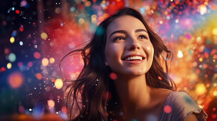 Beautiful young woman smiles happily Multi-colored explosion color background