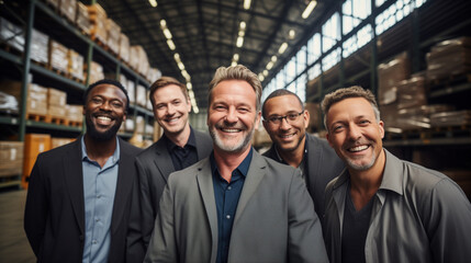 A group of many business owners Middle-aged man smiling in a warehouse Investing in good returns