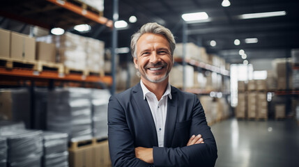 Fototapeta premium A middle aged business owner smiles in a large warehouse. Increased business growth