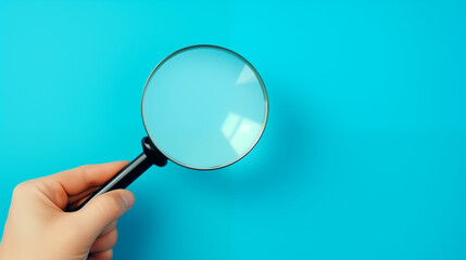 Hand holding a magnifying glass on a blue background