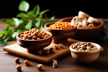 An assortment of dry legumes including chickpeas, lentils and soybeans.