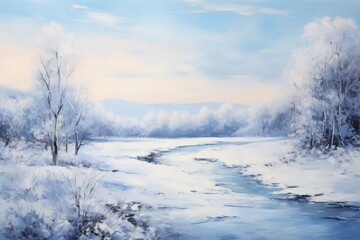 Obraz na płótnie Canvas A monochromatic blue painting of a winter landscape with generative ai
