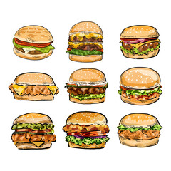 Set of Burger hamburger cartoon vector drawing comic art