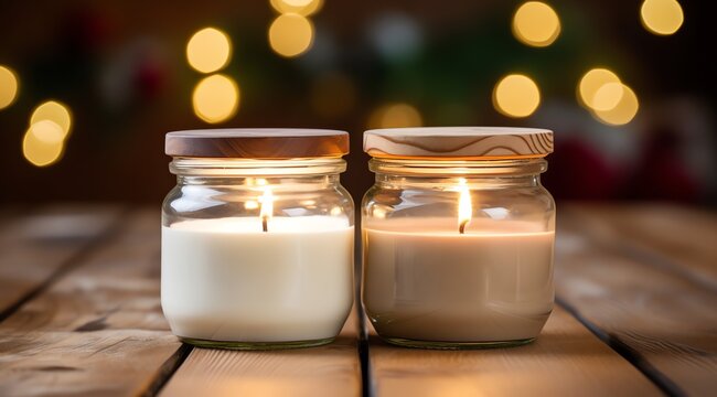 two glass jars with lit candles