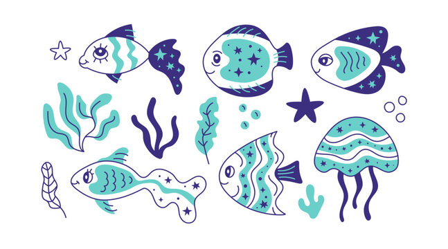 Magical fish doodle set. Cute hand drawn sea and ocean life cartoon elements, seaweed, medusa, jellyfish, starfish. Colorful vector illustration on white background