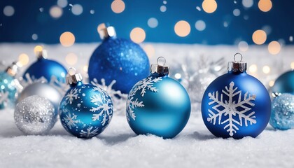 Fototapeta na wymiar Blue christmas balls with snowflakes on bokeh background