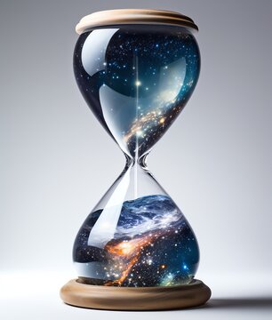 a hourglass with a planet and stars inside