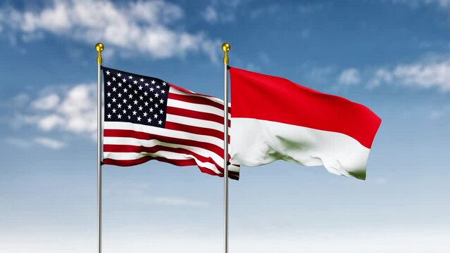 USA or america and indonesia flag waving on sky background. 4K Highly Detail 3D Rendered video footage for national or government activity, patriotism and  social media content.
