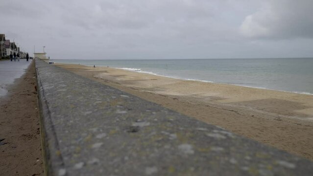 Normandy, France. 11-01-2023. Seafront of Cabourg. Cabourg beach. Sea landscape. Super Slow motion 4K