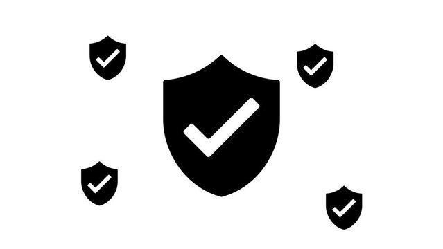 Zoom in and out animation the protection mark symbol. Large black symbol in the center and four small symbols around. Seamless looped 4k animation on white background