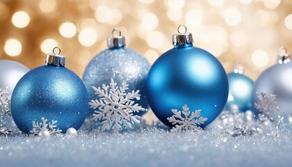 Blue christmas balls with snowflakes on bokeh background