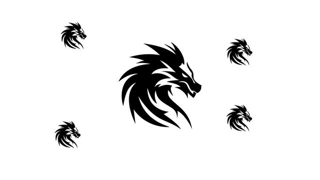 Zoom in and out animation the dragon's head symbol. Large black symbol in the center and four small symbols around. Seamless looped 4k animation on white background