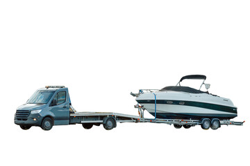 Isolated on white background Luxury Boat Journey on the Road. Light-duty truck is hauling a Luxury...