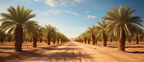 Date palm plantations in Middle Eastern deserts for agriculture industry.