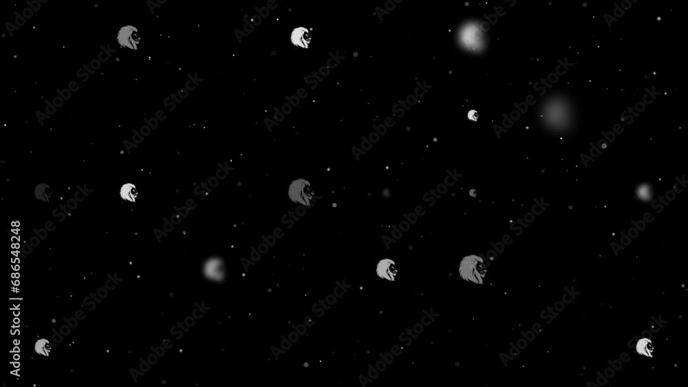 Poster template animation of evenly spaced lion head icons of different sizes and opacity. animation of tra