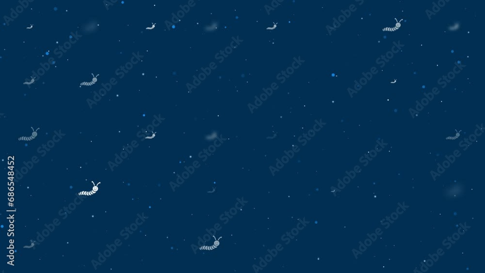 Poster template animation of evenly spaced caterpillar symbols of different sizes and opacity. animation of