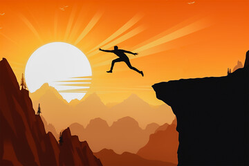 man jump across the cliff between mountain, silhouette.